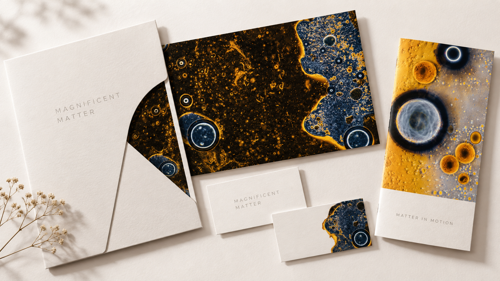 A concept stationery application using Magnificent Matter microscopic artwork.