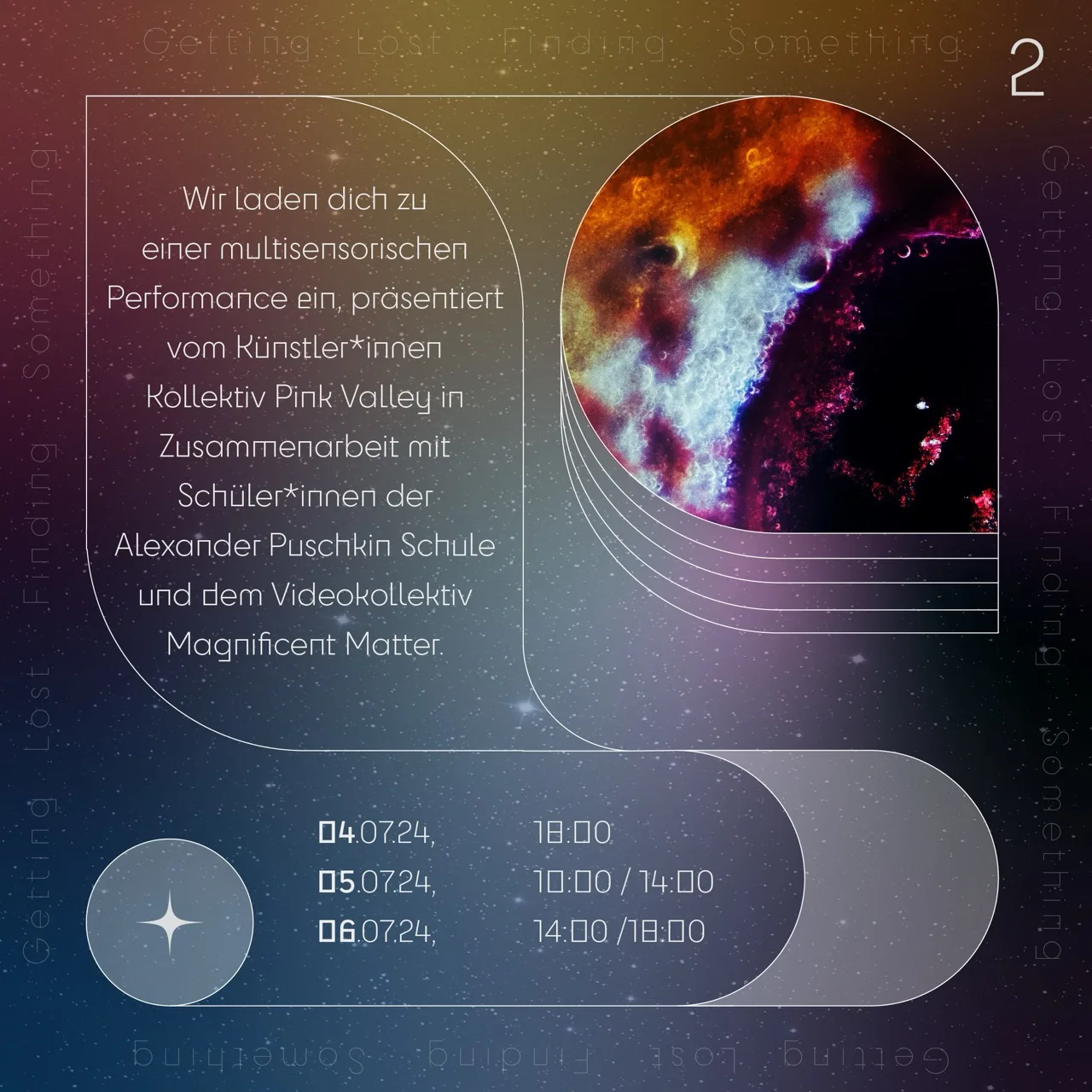 Cosmic gradient graphic with microscopic imagery, collaborator text and five performance times.