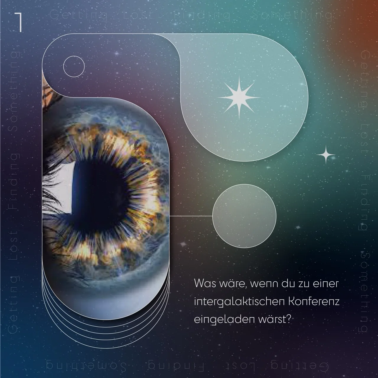 Cosmic gradient project graphic with a close-up eye, orbit-like linework and German invitation text.