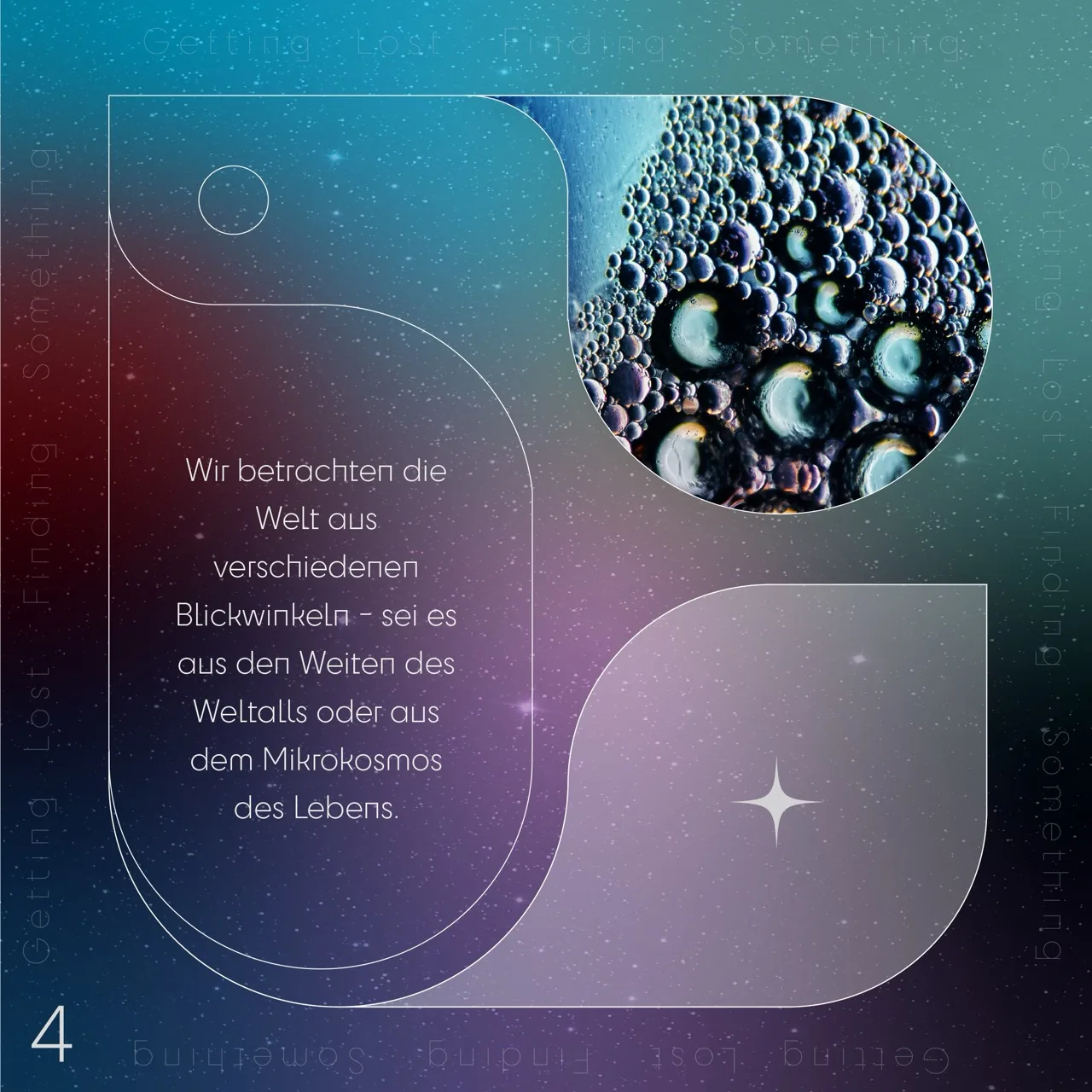Blue and violet cosmic gradient graphic with magnified droplets and German text about macrocosm and microcosm.